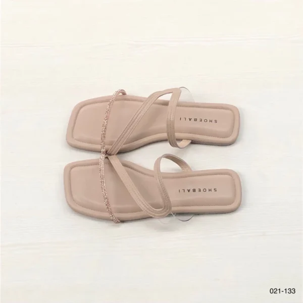 Crystal Strap Minimalist Flat Sandals in Beige