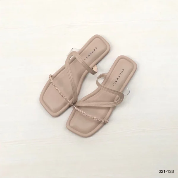 Crystal Strap Minimalist Flat Sandals in Beige