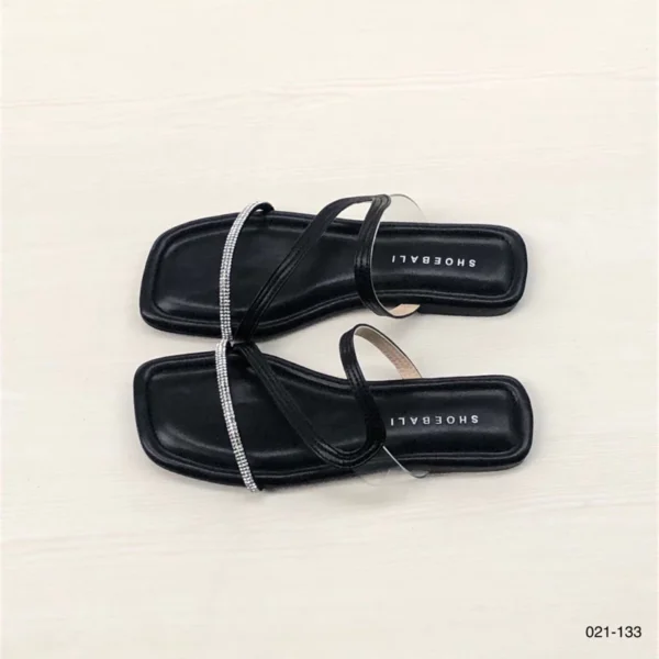 Crystal Strap Minimalist Flat Sandals in Black