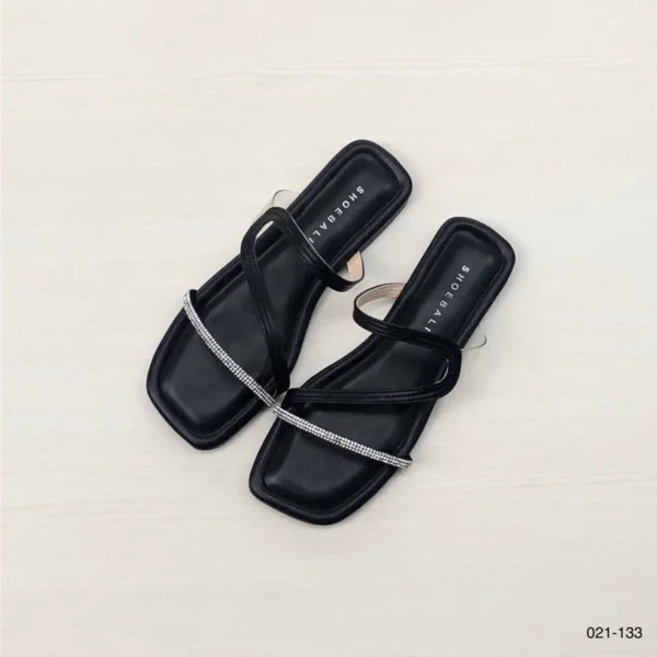 Crystal Strap Minimalist Flat Sandals in Black