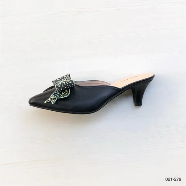 Crystal Bow Pointed Mule Heels in Black