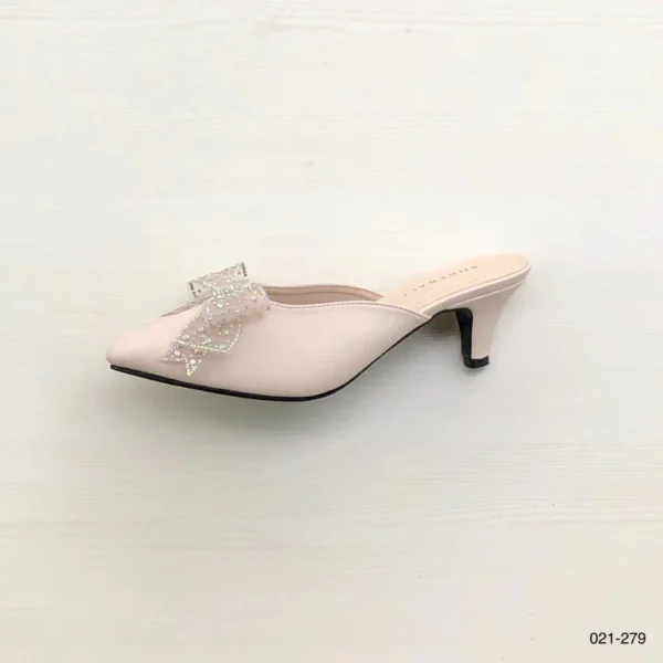 Crystal Bow Pointed Mule Heels in Beige