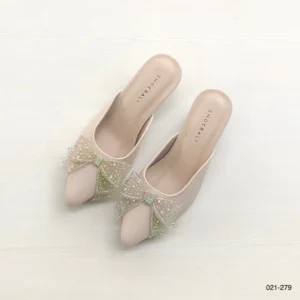 Crystal Bow Pointed Mule Heels in Beige