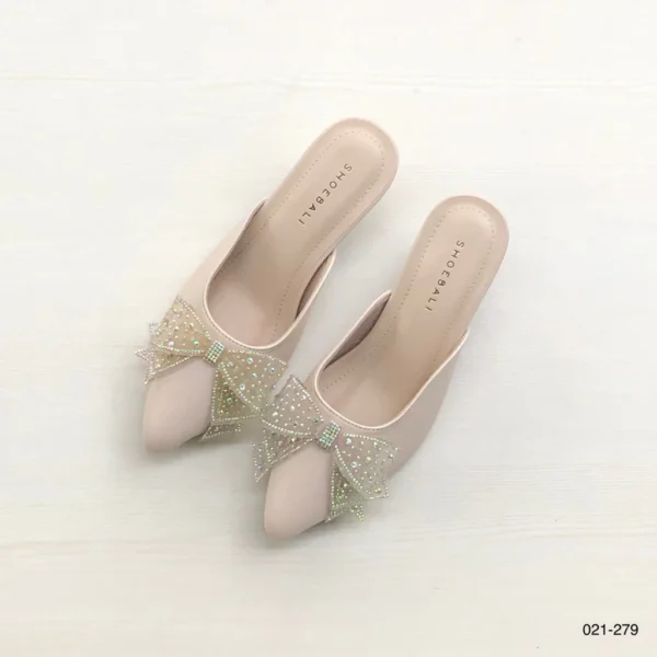 Crystal Bow Pointed Mule Heels in Beige
